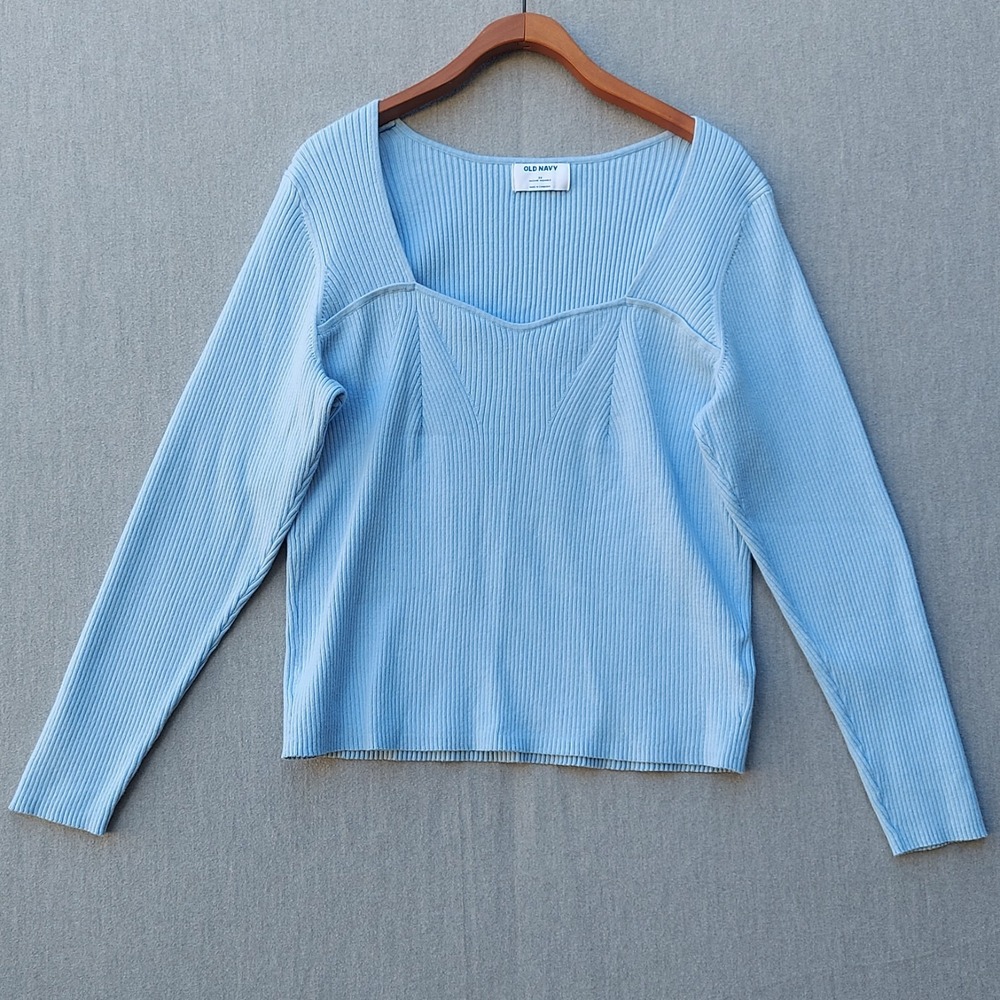 Old Navy Ribbed Knit Top 3X Blue Square Neck Y2K Clean Girl Minimalist Sweater